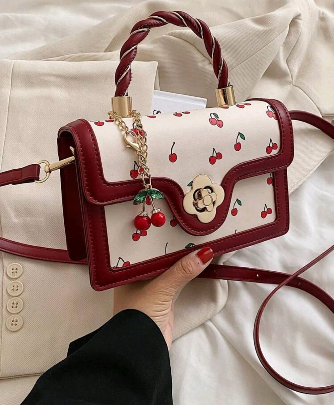 Cherry print - Square-Shaped PU Handbag