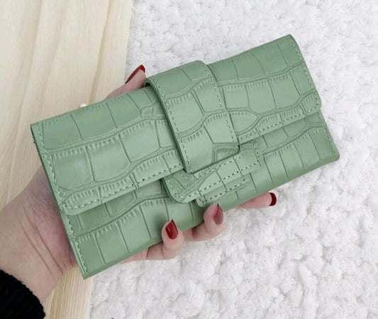 Green Crocodile Embossed Fold Over Long Wallet