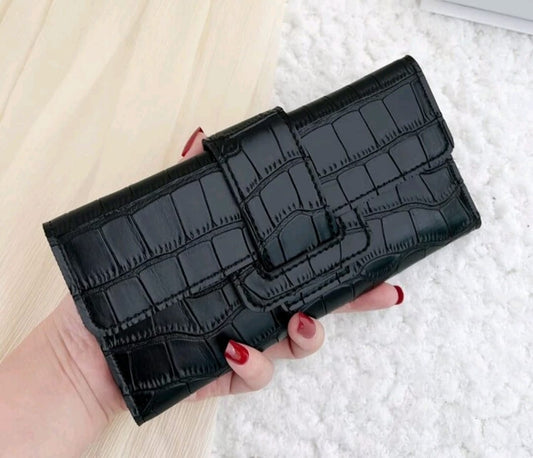 Black Crocodile Embossed Fold Over Long Wallet